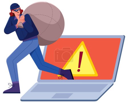 Illustration for Flat design illustration for internet scam, with hacker running away with the loot from laptop screen. - Royalty Free Image
