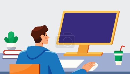 Illustration for Man sitting in front of a computer screen with copy space for your message or product. - Royalty Free Image