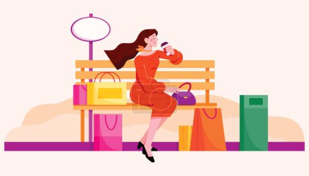 Illustration for Flat design illustration with young woman resting on bench after a day of shopping. - Royalty Free Image
