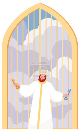 Illustration for Flat design of Saint Peter at the gates of Heaven. - Royalty Free Image
