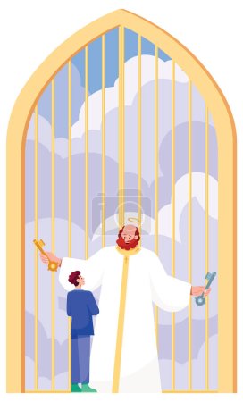 Illustration for Flat design of Saint Peter meeting man at the gates of Heaven. - Royalty Free Image