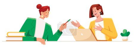 Illustration for Pair of smiling women dressed in business clothes or female office workers talking to each other and smiling. - Royalty Free Image