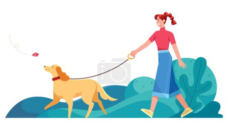 Ilustración de Flat design illustration with young woman walking her dog in the park. - Imagen libre de derechos