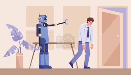 Ilustración de Ilustración de diseño plano del trabajador de oficina siendo despedido por robot con inteligencia artificial. - Imagen libre de derechos
