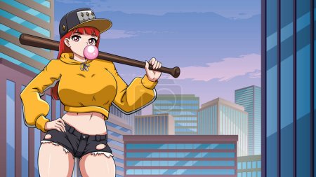 Anime style illustration of young girl holding baseball bat in city street.
