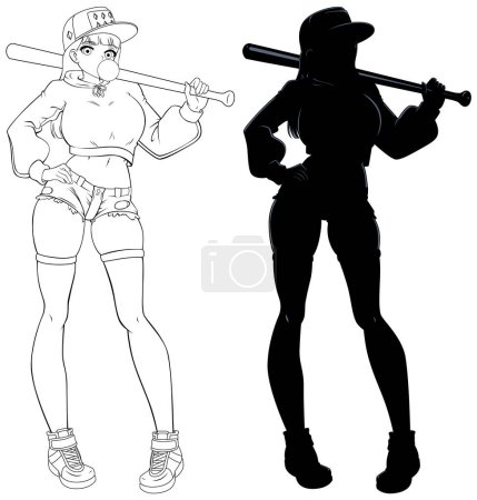 Ilustración de estilo anime de niña sosteniendo bate de béisbol.