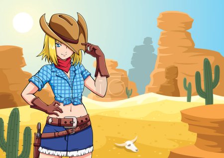 Téléchargez les illustrations : Illustration de style anime d'une adolescente en tenue de cow-boy et dans le désert américain. - en licence libre de droit