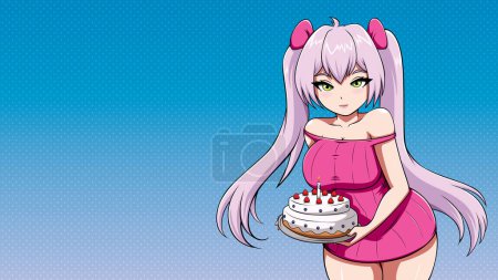 Téléchargez les illustrations : Illustration de style Anime avec fille mignonne apportant gâteau d'anniversaire. - en licence libre de droit