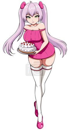 Anime style illustration with cute girl bringing birthday cake.