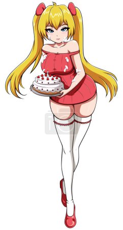 Illustration for Anime style illustration with cute girl bringing birthday cake. - Royalty Free Image