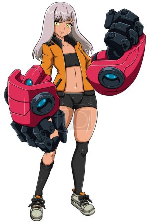 Anime style illustration of teenage girl with robotic arms.