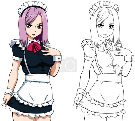 Anime style illustration of beautiful young woman wearing maid costume during work against white background.