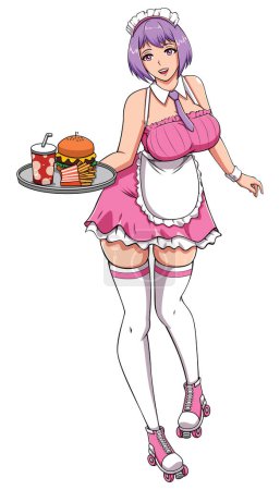 Téléchargez les illustrations : Anime illustration de serveuse tenant plateau de nourriture tout en portant une robe rose. - en licence libre de droit