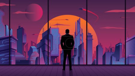 Illustration for Businessman watching over futuristic city from the window of his office. - Royalty Free Image