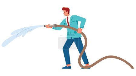 Ilustración de Empresario con manguera contra incendios sobre fondo blanco. - Imagen libre de derechos
