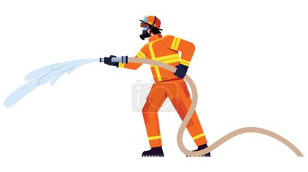 Téléchargez les illustrations : Illustration de conception plate avec pompier éteignant le feu brûlant. - en licence libre de droit
