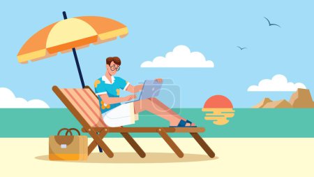 Illustration for Flat style illustration with happy freelancer spending summer on beach lying on chaise lounge with laptop in his lap. - Royalty Free Image