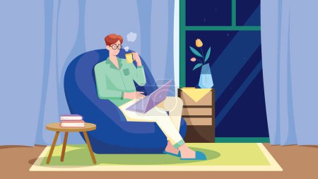 Téléchargez les illustrations : Illustration de style plat avec pigiste masculin travaillant sur ordinateur portable dans le confort de sa maison. - en licence libre de droit