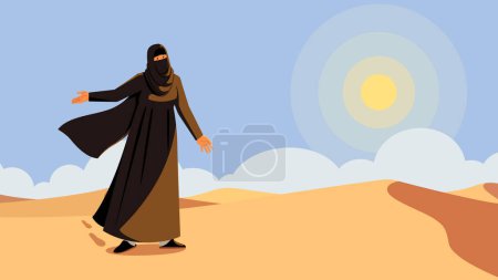Ilustración de Ilustración de estilo plano de mujer árabe en el desierto en traje tradicional. - Imagen libre de derechos