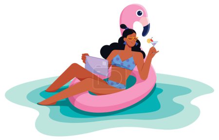 Ilustración de Ilustración de estilo plano con mujer joven sentada en flamenco rosa inflable en el agua del mar, el océano o la piscina, mientras bebe cóctel y trabaja en su tableta. - Imagen libre de derechos