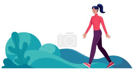 Téléchargez les illustrations : Illustration de design plat avec jeune femme marchant dans le parc. - en licence libre de droit