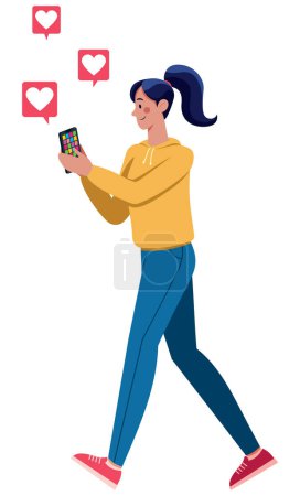 Illustration for Flat style illustration with young woman sending messages on smartphone while walking. - Royalty Free Image