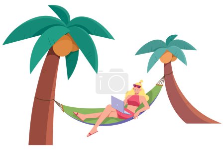 Téléchargez les illustrations : Illustration de design plat avec une femme blonde pigiste travaillant sur un ordinateur portable tout en étant assise sur un hamac. - en licence libre de droit