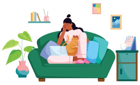 Illustration for Flat style illustration with cute female freelancer working on laptop in the comfort of her home. - Royalty Free Image