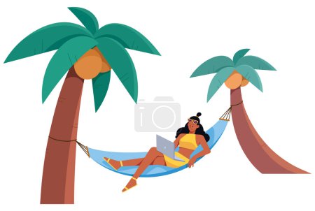 Illustration for Flat design illustration with blond female freelancer working on laptop while sitting on hammock. - Royalty Free Image