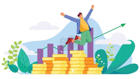 Illustration for Flat style illustration with man jumping of joy after collecting profits from successful trade or investment. - Royalty Free Image