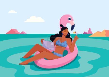 Illustration for Flat style illustration with young woman sitting on inflatable pink flamingo in the sea or ocean, drinking cocktail and working on her tablet. - Royalty Free Image