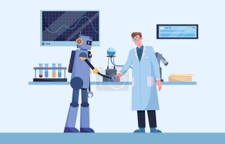 Téléchargez les illustrations : Illustration de style plat d'un scientifique en laboratoire coopérant et travaillant avec un robot artificiellement intelligent. - en licence libre de droit