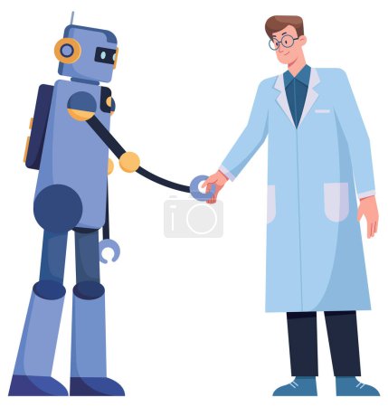Illustration for Flat style illustration of scientist cooperating and working together with an artificially intelligent robot. - Royalty Free Image