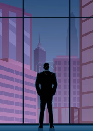 Ilustración de Empresario vigilando la ciudad desde la ventana de su oficina. - Imagen libre de derechos