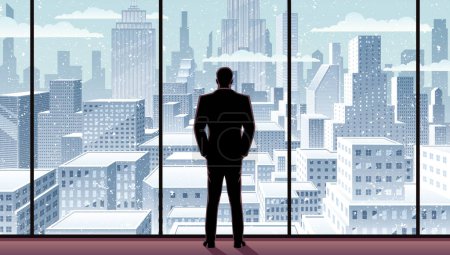 Téléchargez les illustrations : Homme d'affaires qui veille sur la ville par la fenêtre de son bureau. - en licence libre de droit