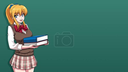 Illustration for Anime or Manga style illustration of schoolgirl in school uniform holding books in front of green chalkboard. - Royalty Free Image