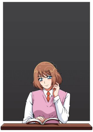 Illustration for Anime or Manga style illustration of schoolgirl in school uniform reading book in front of blackboard. - Royalty Free Image