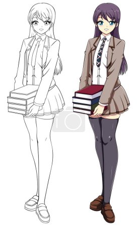 Anime or Manga style illustration of schoolgirl in school uniform holding books on white background.