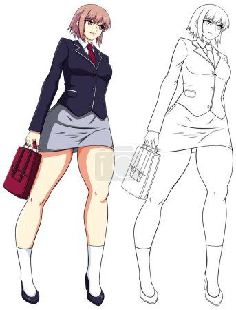 Anime or Manga style illustration of schoolgirl in school uniform holding her backpack on white background.
