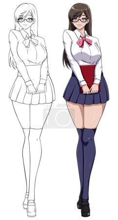 Anime or Manga style illustration of schoolgirl in school uniform holding book on white background.