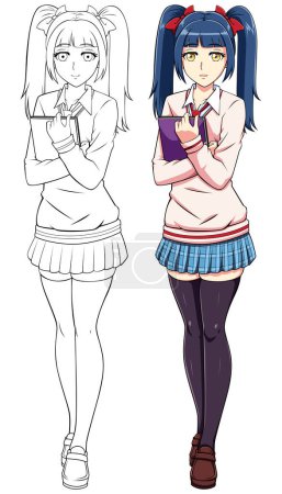 Illustration for Anime or Manga style illustration of schoolgirl in school uniform holding book on white background. - Royalty Free Image