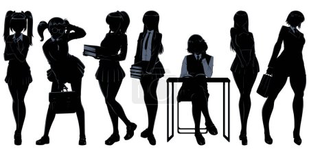 Illustration for Anime style silhouette set of schoolgirls in school uniforms isolated on white background. - Royalty Free Image