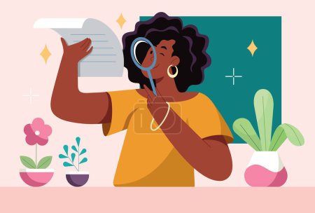 Illustration for Flat design illustration of black woman holding magnifying glass, examining the fine print of a document. - Royalty Free Image