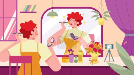 Illustration for Flat design illustration of woman sitting at desk with camera and big mirror, surrounded by various beauty and makeup products. The woman is applying makeup while recording a video. - Royalty Free Image