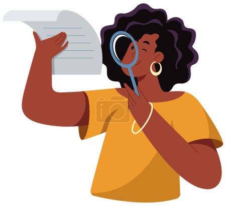 Illustration for Flat design illustration of black woman holding magnifying glass, examining the fine print of a document. - Royalty Free Image