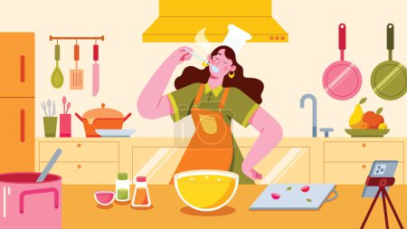 Illustration for Flat design illustration with female cooking vlogger, standing in kitchen. She is tasting the food while being surrounded by various cooking utensils, ingredients and appliances. - Royalty Free Image