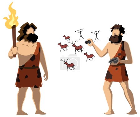Illustration for Cartoon illustration of cavemen drawing cave paintings. - Royalty Free Image