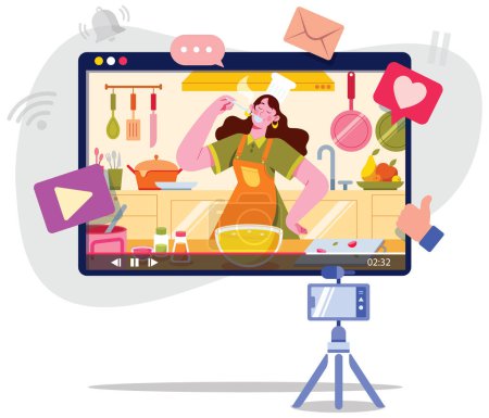 Flat design illustration with female cooking vlogger, standing in kitchen. She is tasting the food while being surrounded by various cooking utensils, ingredients and appliances.