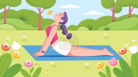 Illustration for Flat design illustration of cute girl doing yoga in nature, against the backdrop of scenic landscape. - Royalty Free Image