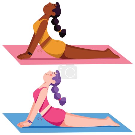 Ilustración de Ilustración de diseño plano de linda chica haciendo yoga en su esterilla de ejercicio y aislada sobre fondo blanco. - Imagen libre de derechos